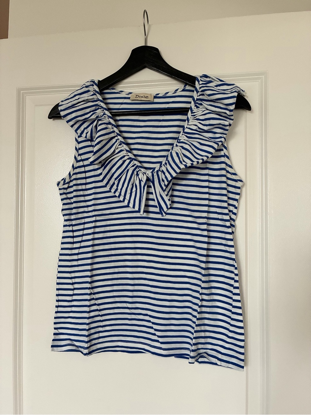 Dixie - Blue and White Striped Ruffle Neck Sleeveless Top